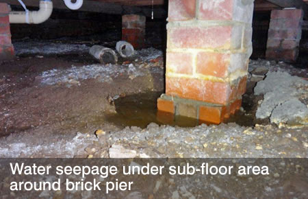 Water seepage under sub-floor area around brick pier